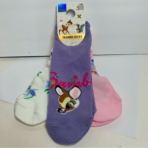 NWT. Disney 3 pairs trainer socks. Bambi theme trainer socks.